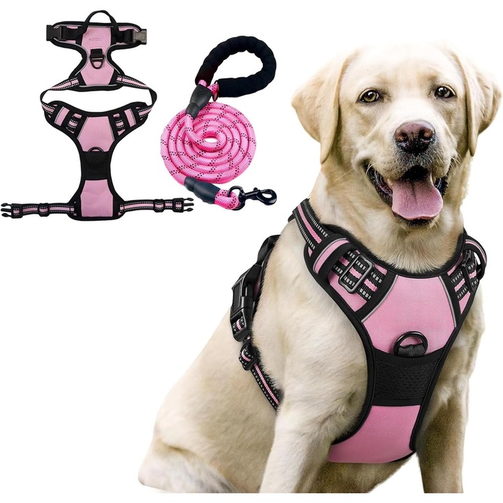 Комплект нагръдник и повод за кучета - средни и големи, дишащ материал, светлоотразителни ленти, регулируеми катарами, 1,5 м повод, Esther Beauty®, размер XL (22,5-45 кг), розов