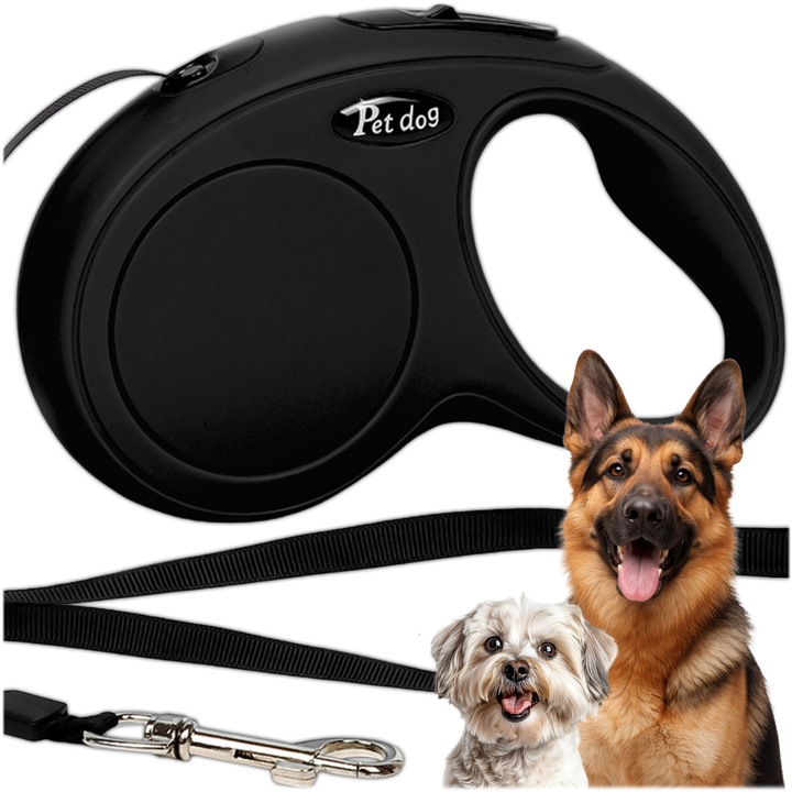 KRUMAD Lesa automata retractabila pentru caini 5 m, lesa din nylon cu sistem de blocare, maner ergonomic, pentru caini mici si medii, negru