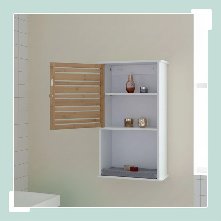 Dulap de baie suspendat, Northix, usa din bambus, rafturi reglabile, alb, montare pe perete