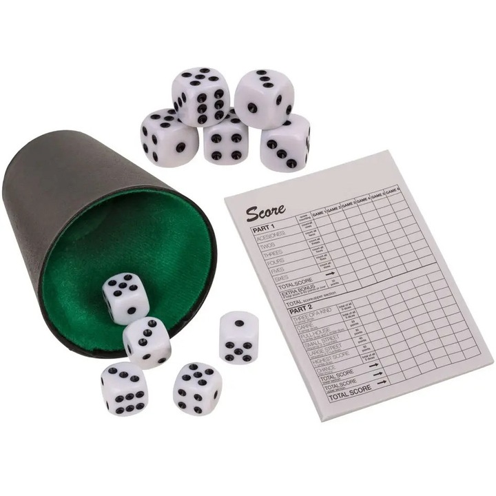 Set Jocuri de Societate, 5 Zaruri, Kubek, Blocnotes, Multicolor