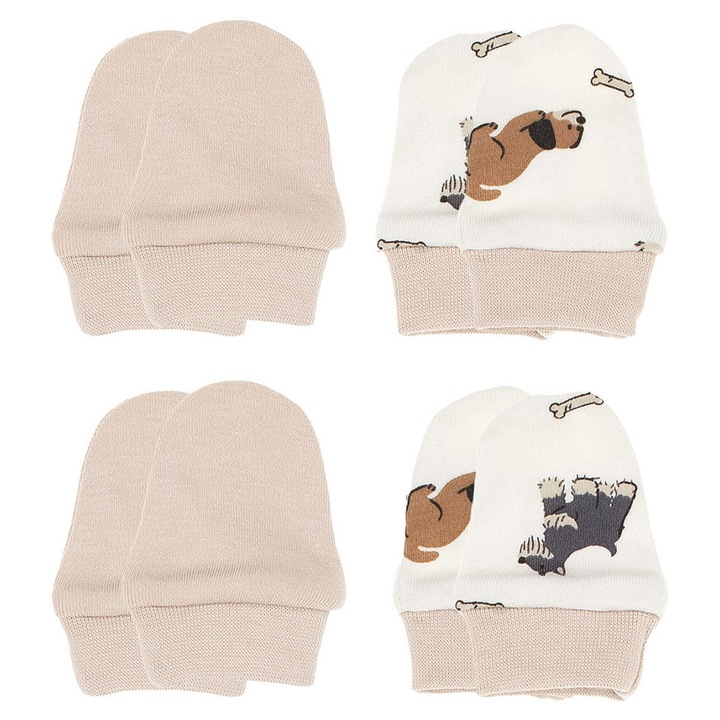 Set 4 manusi pentru nou-nascuti, NICOL, bumbac, crem cu motivatie caini si bej