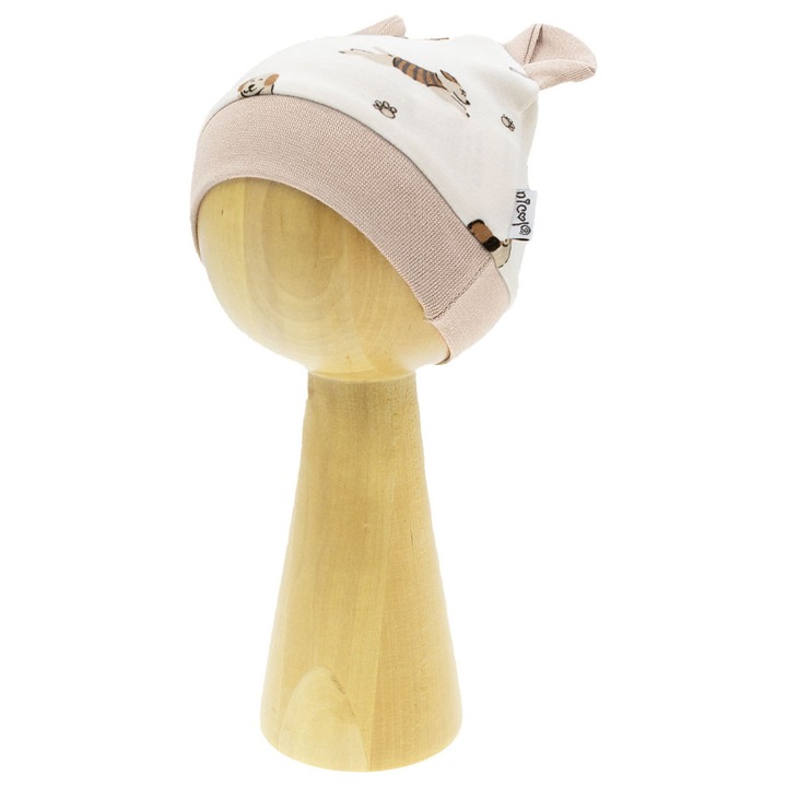 Caciula baieti, NICOL, cu urechi, crem, bumbac, certificat Oeko-Tex Standard 100