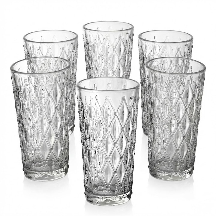 Комплект 6 стъклени чаши MADGENIX, 250мл, Текстуриран Винтидж Модел, Елегантни Чаши за Вода, Сок или Лимонада, Прозрачни