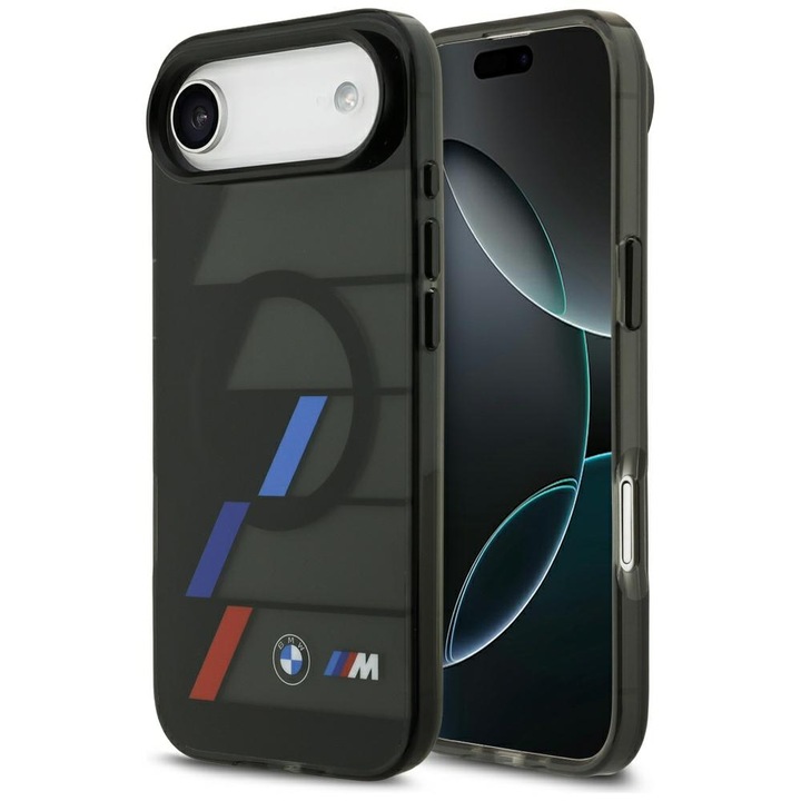 Etui pentru telefon, BMW, IML cu butoane metalice, linii tricolore, MagSafe, negru