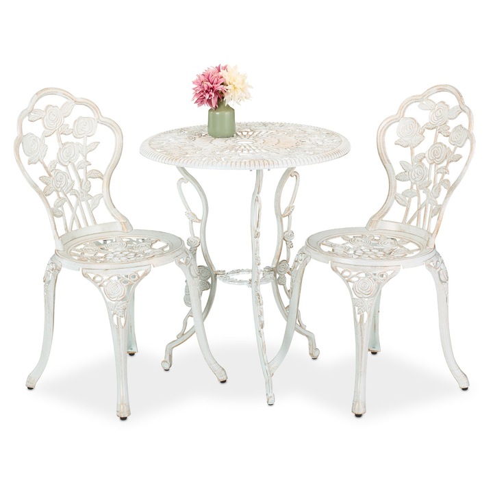 Set masa cu 2 scaune pentru gradina sau terasa, Relaxdays, din aluminiu turnat, Alb