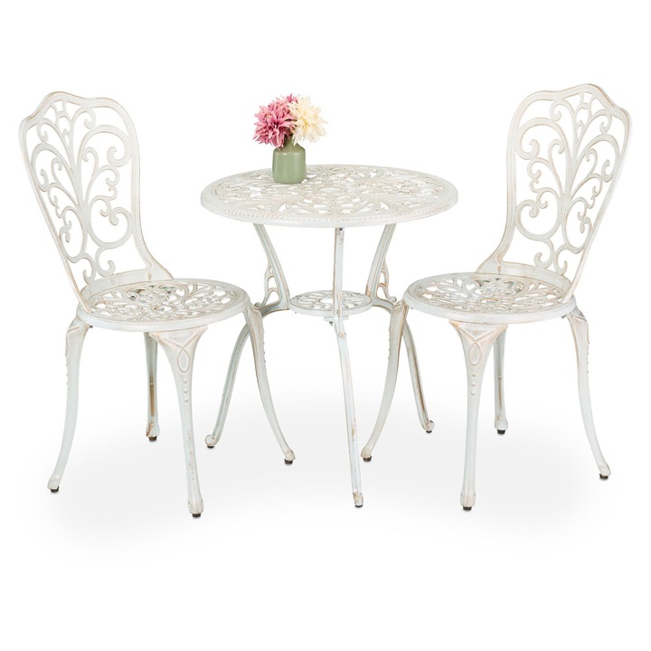 Set mobilier gradina Bistro Relaxdays, din aluminiu turnat, stil vintage, masa rotunda 65 x 60 cm, 2 scaune 88.5 x 42 x 42 cm, Alb