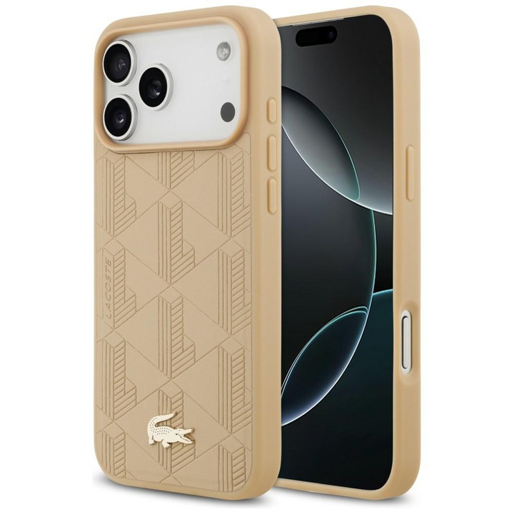Калъф Lacoste Nomograme Gold Logo MagSafe за iPhone 17 Pro Max, бежов