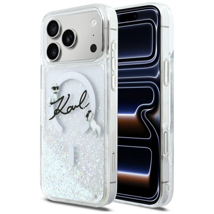 Калъф за телефон Karl Lagerfeld Liquid Glitter MagSafe за iPhone 17 Pro Max, прозрачен