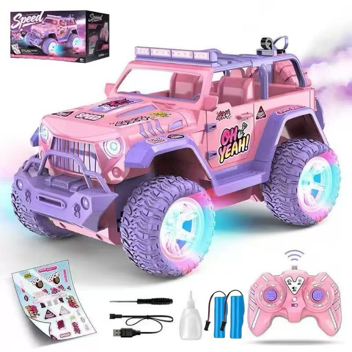 Masina roz cu telecomanda cu efect de ceata, masinuta cu telecomanda pentru copii la scara 1:16, vine cu autocolante DIY si lumini colorate, camion off-road de 2, 4 GHz, cadou de jucarie pentru toate tipurile de teren pentru fete cu varsta de peste 3 ani