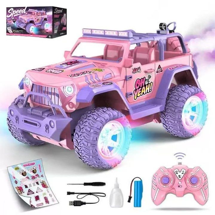 Masina roz cu telecomanda cu efect de ceata, masinuta cu telecomanda pentru copii la scara 1:16, vine cu autocolante DIY si lumini colorate, camion off-road de 2, 4 GHz, cadou de jucarie pentru toate tipurile de teren pentru fete cu varsta de peste 3 ani