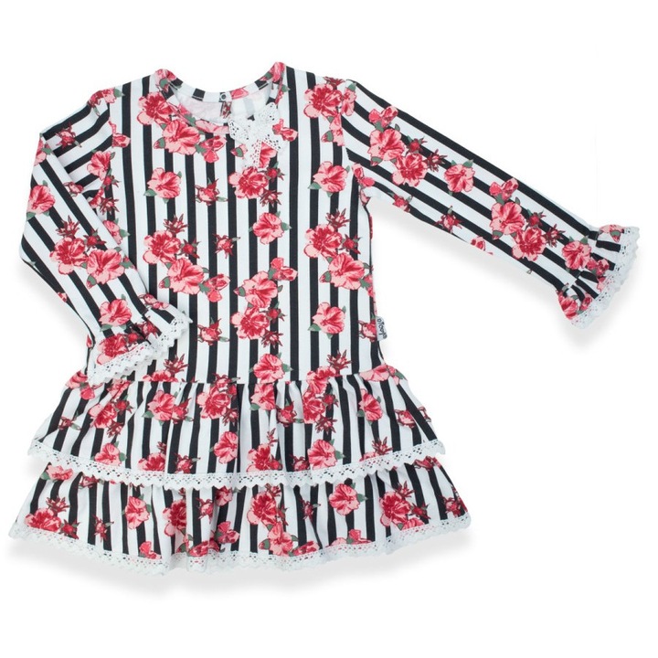 Lányka ruha, NICOL, fehér, virágos fodros, 104 cm