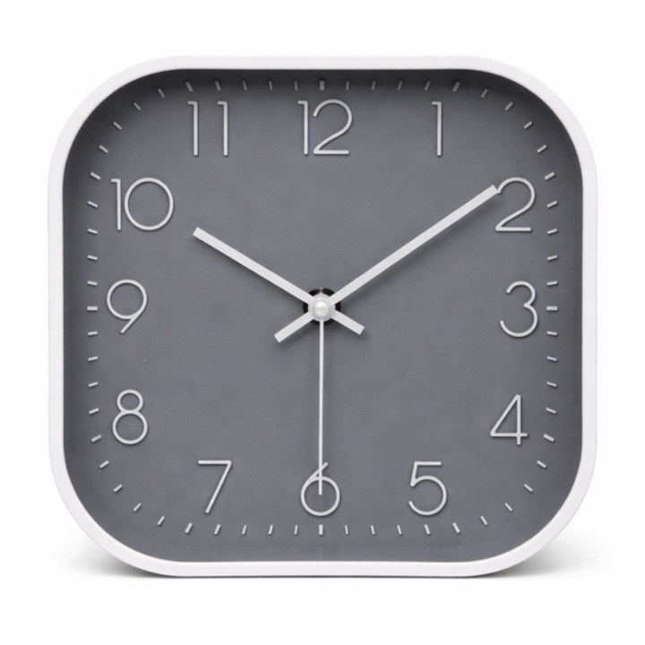 Стенен часовник, безшумен, модерен дизайн, сив/бял