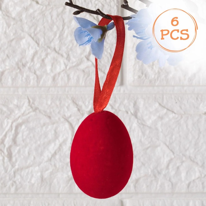Oua Decorative de Paste Rosii Catifelate de Plastic 6cm - 6buc