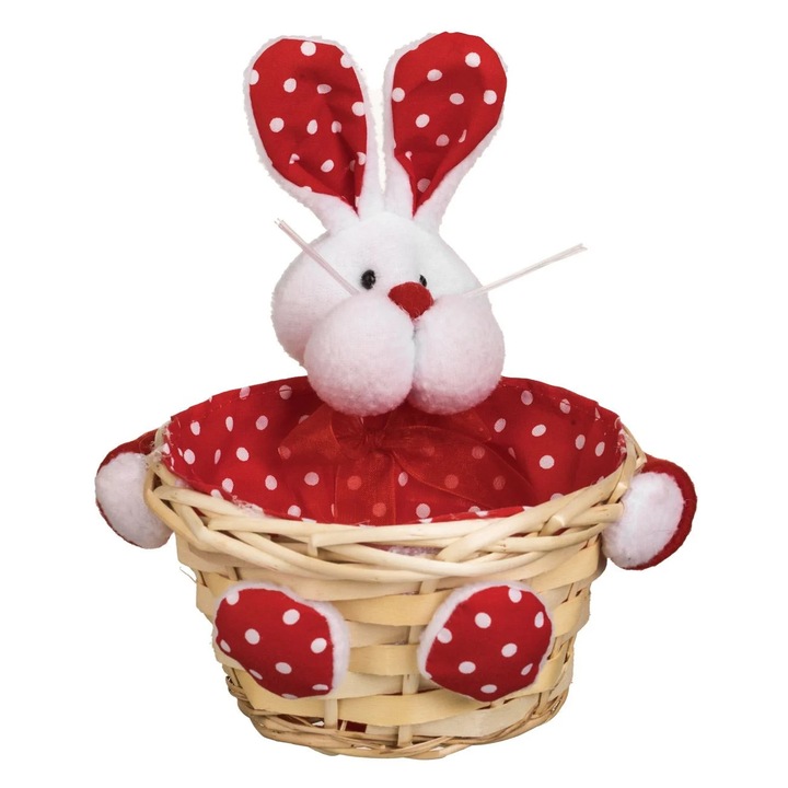 Великденска Декоративна Кошница от Сламени Зайчета 3D Червено Бяло 14x6.5см