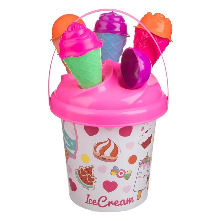 Galeata Plaja Roz cu Model Inghetata Ø12x20cm & 5 Accesorii