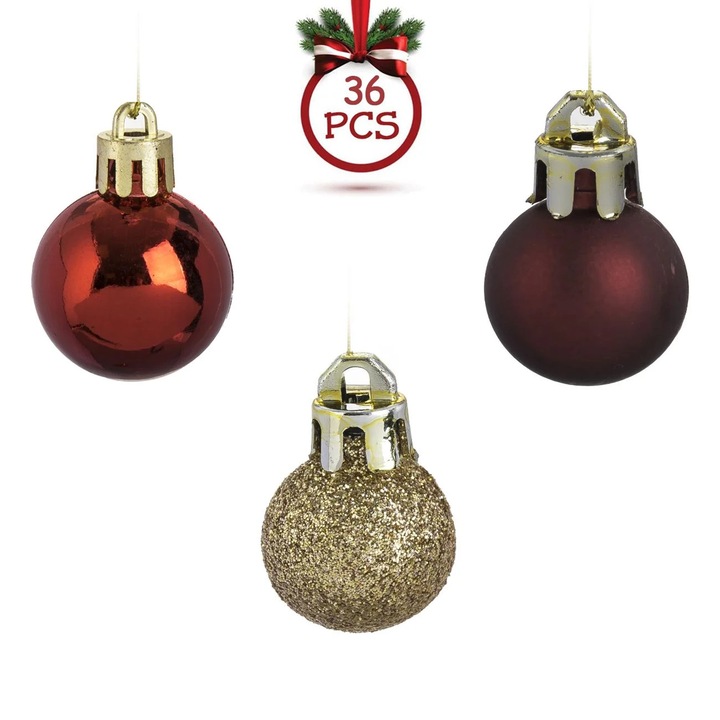 Set Globuri de Craciun Rosii Mat Aurii Glitter Ø2cm - 36buc