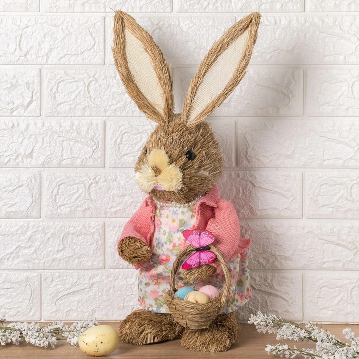 Figurina Decorativa de Paste Iepruas cu Rochie Roz Floral Cos cu Oua 46cm