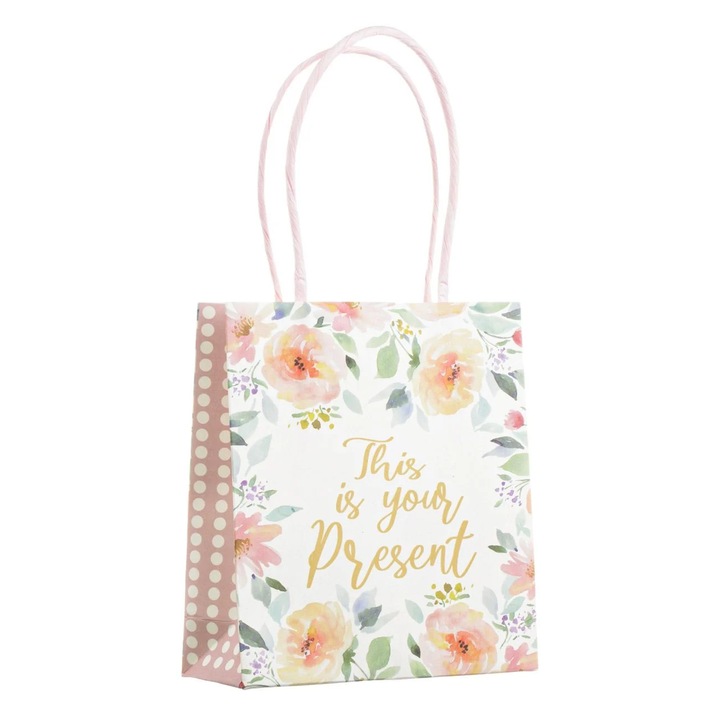 Sacosa Cadou Mini din Hartie Kraft Bej cu Flori 11x4x12cm