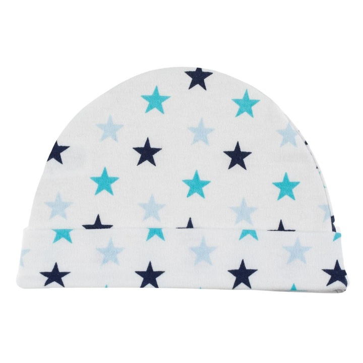Caciulita din bumbac alb cu stele bleu și turcoaz