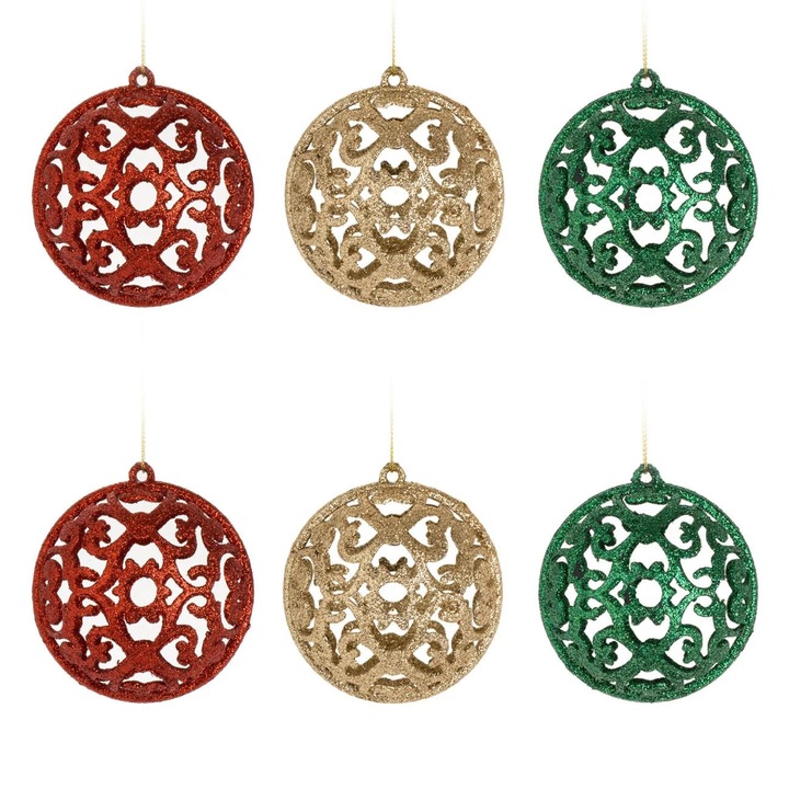 Set Globuri de Craciun Aurii Rosii Verzi cu Glitter Model Perforat Ø8cm - 6buc