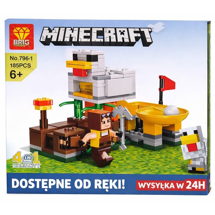 Klocki Minecraft 4w1 Farma Kurczaków 185 el., Zestaw Konstrukcyjny dla Dzieci 6+, Kompatybilne