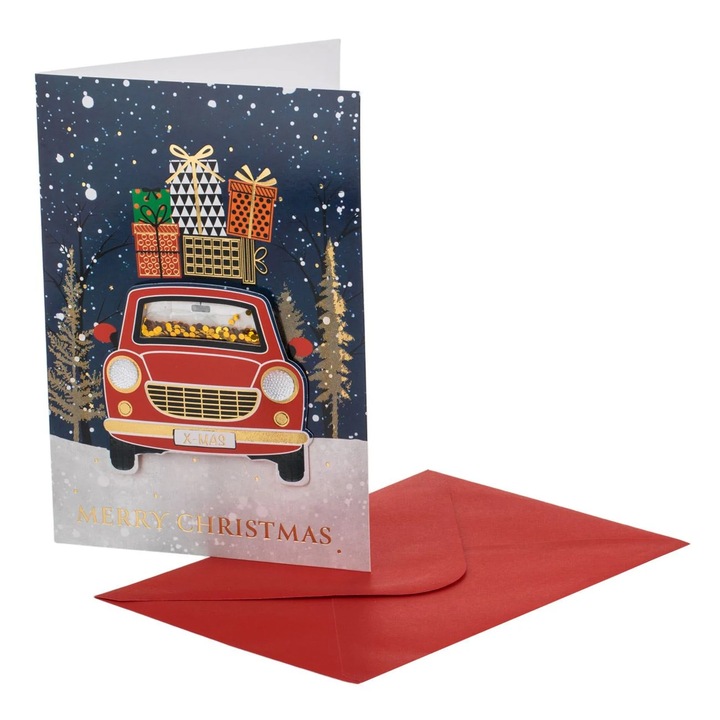 Felicitare de Craciun Masina Rosie 3D cu Cadouri & Confeti Aurii 13x19cm