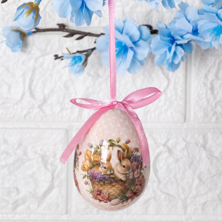 Ou Decorativ de Paste Cos cu Iepurasi & Flori Ecru Buline 7.5cm
