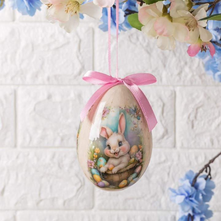 Ou Decorativ de Paste Ecru cu Model Iepuras & Oua Colorate 10cm