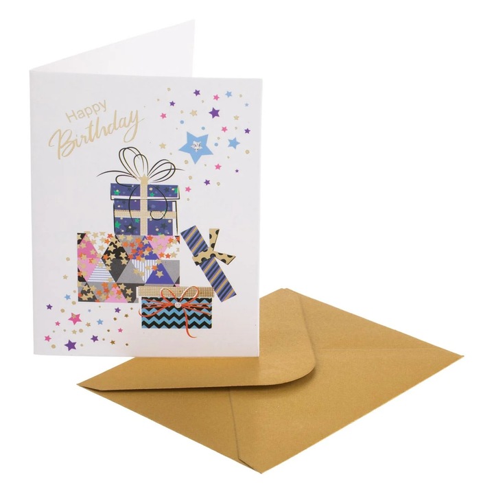 Felicitare Zi de Nastere Alba cu Model Cadouri Stele Folie Aurie "Happy Birthday" 7.5x10.5cm & Plic