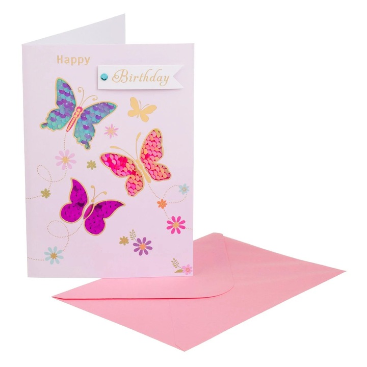 Felicitare Zi de Nastere cu Model Fluturi cu Paiete Folie Aurie "Happy Birthday" 13x19cm & Plic