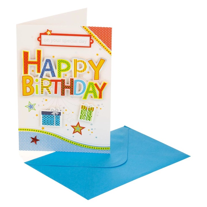 Felicitare Zi de Nastere cu Model Cadouri 3D "Happy Birthday" 13x19cm & Plic