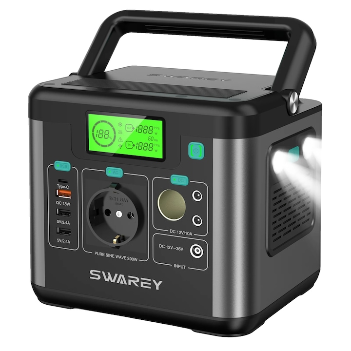 Statie de alimentare portabila, Swarey, 222Wh, 300W putere nominala, 600W putere de varf