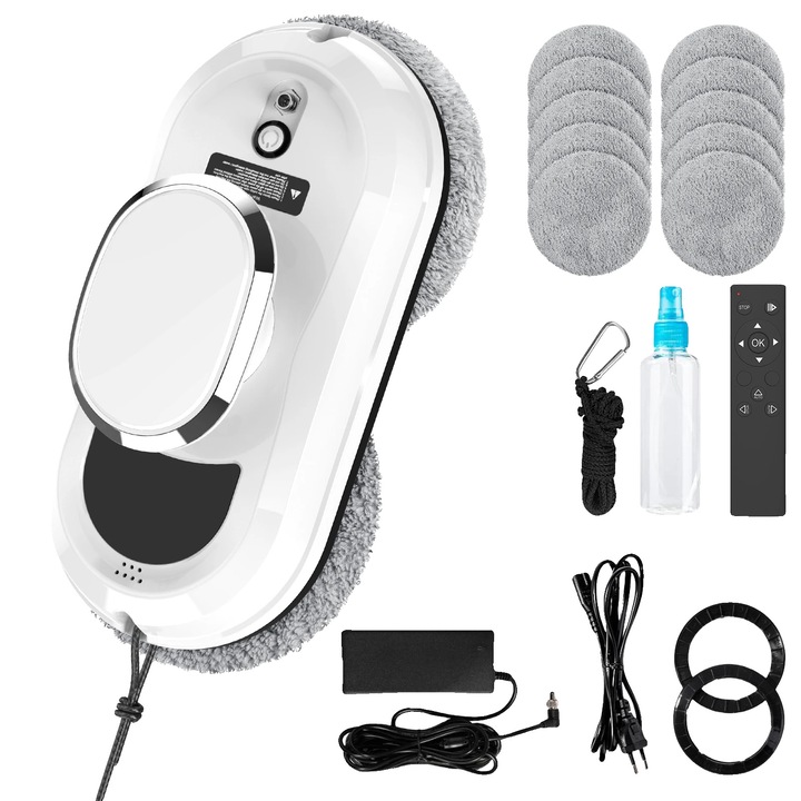 Aspirator robot pentru geamuri, 3 moduri de curatare, alb, dimensiuni compacte