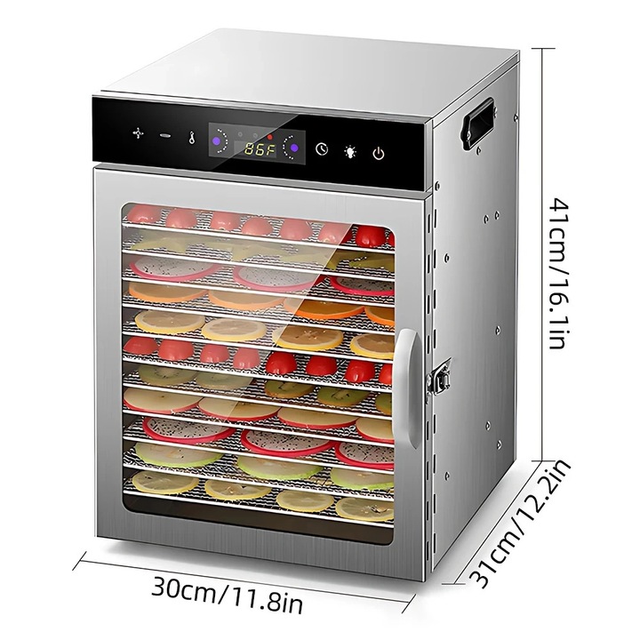 Deshidrator alimente, Uscator pentru fructe, legume si carne, 12 tavi, 800 W, temperatura reglabila 30–90 °C, timer 24 h cu lumina, stecher EU