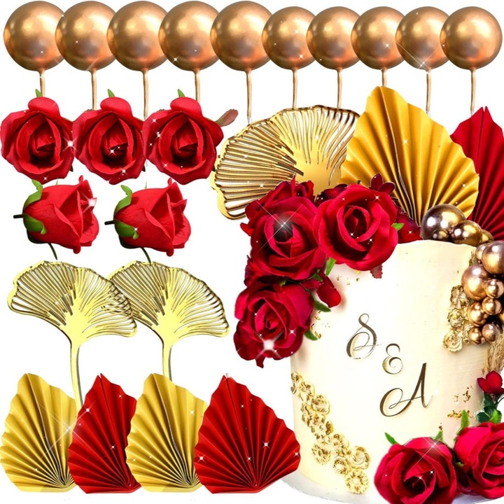 Decor tort trandafiri rosii JeVenis set 21 piese auriu