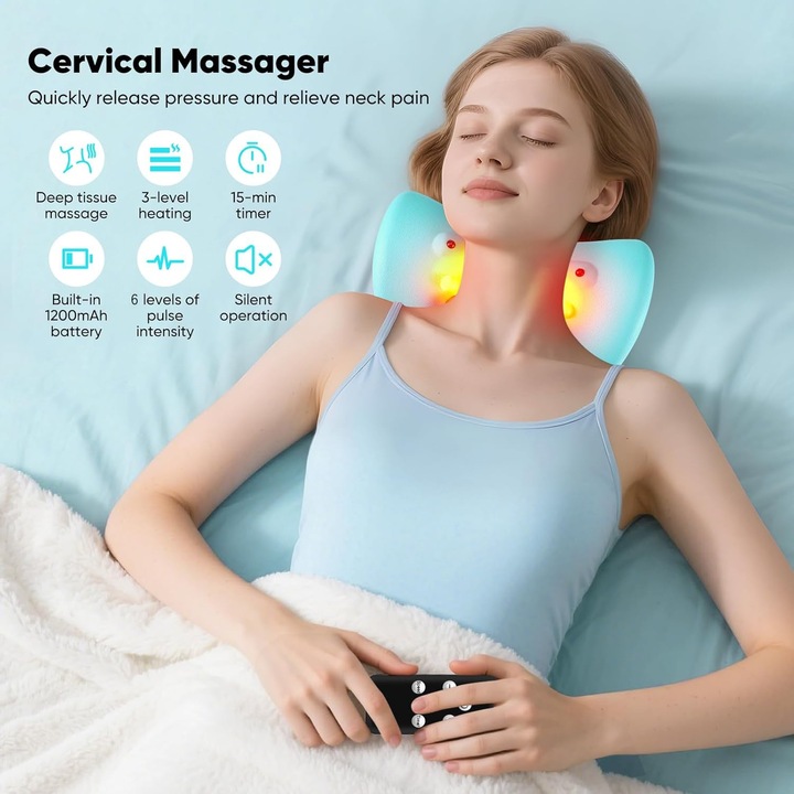 Aparat de masaj electric tip perna, Bedee, Portabil, Perna relaxanta pentru gat, Functie incalzire, 3 moduri de masaj, 6 frecvente ajustabile, Design ergonomic, Usor de Folosit, cu telecomanda, pentru intinderea si masaj, gatului si umeri, Albastru