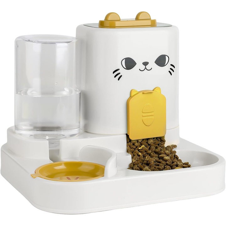 Castron 2-in-1 pentru hranire si hidratare, capacitate mare, galben, medie, pentru caini si pisici