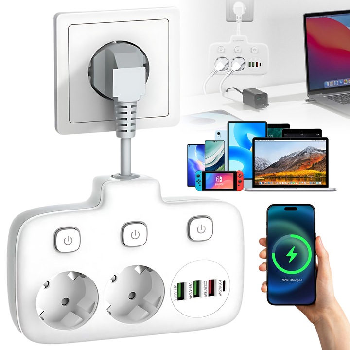 Къс разклонител, Bedee, 2500W, 7 в 1, 2 контакта/3 USB-A, 1 USB-C, PowerHub, прекъсвач, защита от пренапрежение, меден кабел, огнеупорен, бял