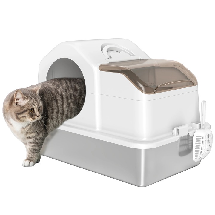 Litiera pentru pisici, PawHut, design acoperit, alb/gri, 60.5x40.5x42 cm