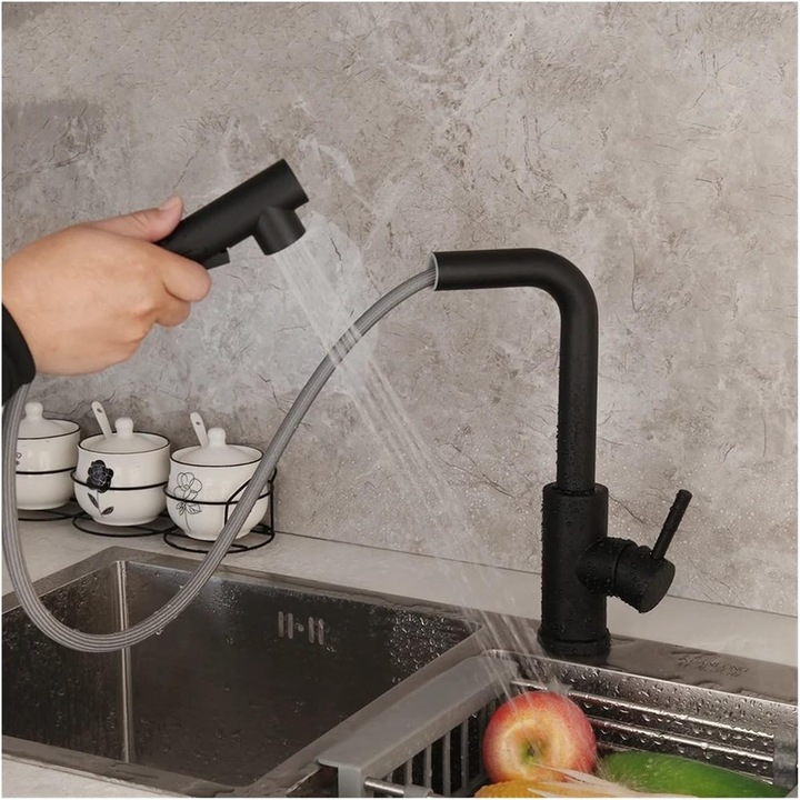Green Leaf mosogató csaptelep, fekete, kihúzható, rozsdamentes acél