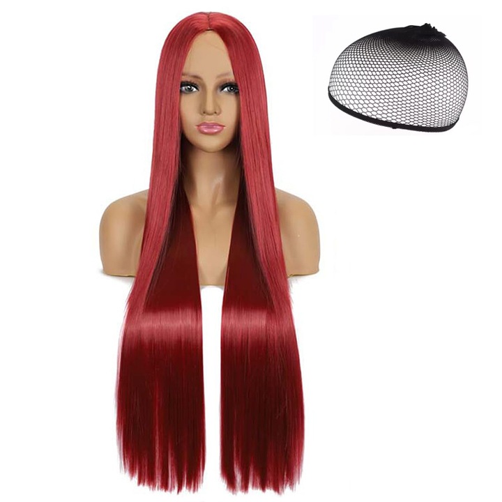Peruca sintetica rosie, 70 cm, 230 g, set cu plasa de par