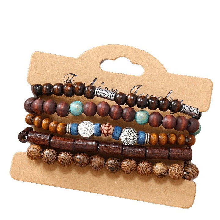 Set 5 bratari din margele din lemn, multicolor