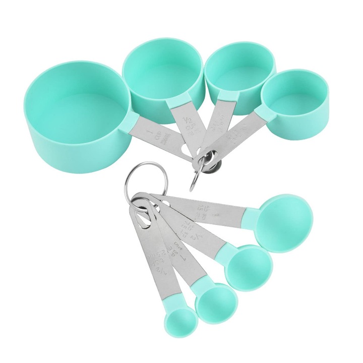 Set de 8 ustensile de masurat pentru bucatarie, 5 linguri si 5 cani, inox/silicon, verde
