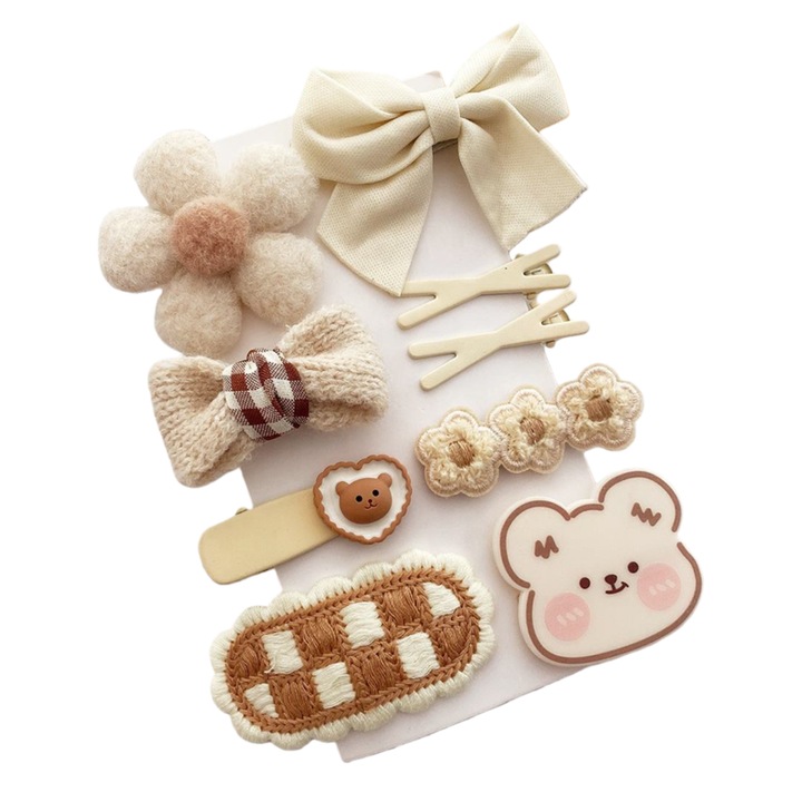 9 darabos gyerek hajcsat szett, különféle stílusok, szilikonból/gyantából/szövött anyagokból