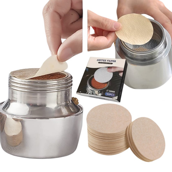 Filtre de cafea espresso, 51mm, 100 bucati, din hartie nealbita, compatibile cu portafiltru de 51mm