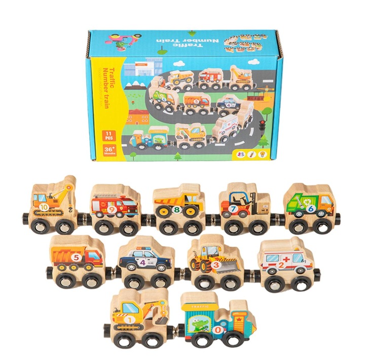 Set trenulet din lemn cu 10 vagoane, jucarie educativa, multicolor, pentru copii 1-3 ani