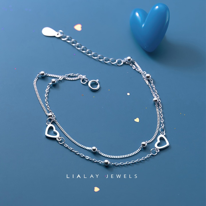 Bratara cu inima si margele, argint, doua straturi, ajustabila, 16x3cm