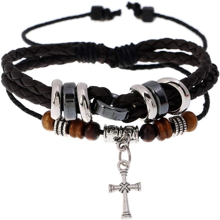 Bratara impletita unisex, piele si margele, ajustabila, 17x2cm