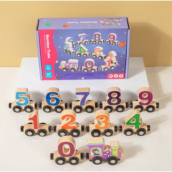 Set trenulete din lemn cu 11 vagoane numerotate, jucarie educativa, multicolor, pentru copii 1-3 ani