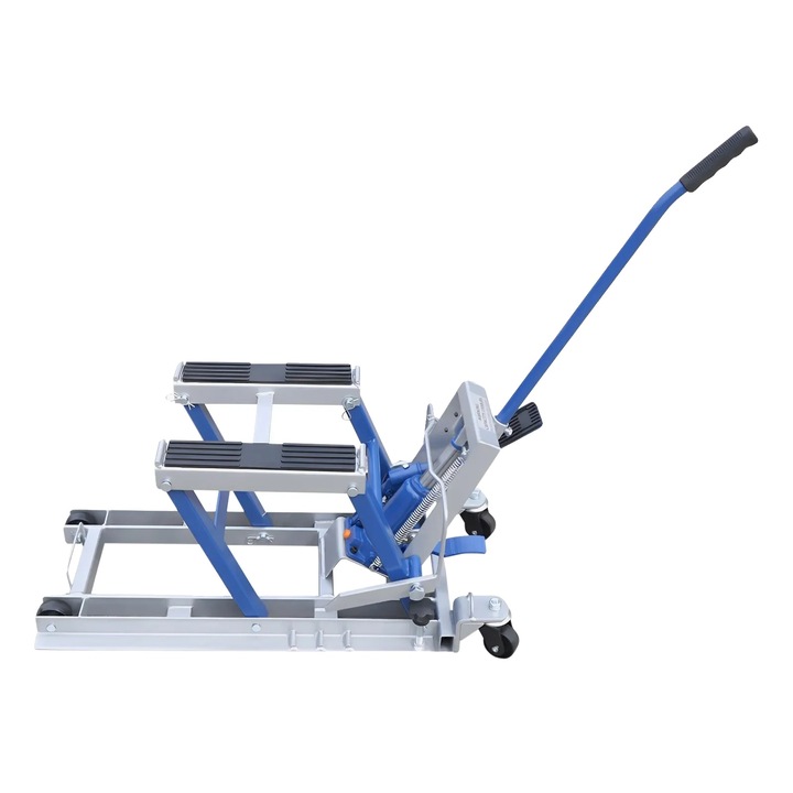 Platforma de ridicare motociclete, 680kg capacitate, operare hidraulica, albastra, dimensiuni 76x36x15cm